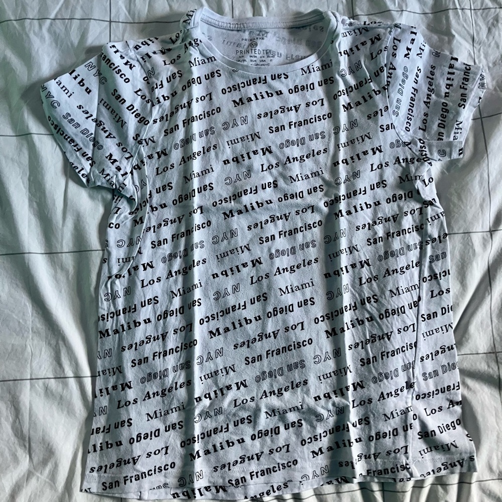 Primark White City Print XS Printed Tee Shirt Sleeve Crew Neck